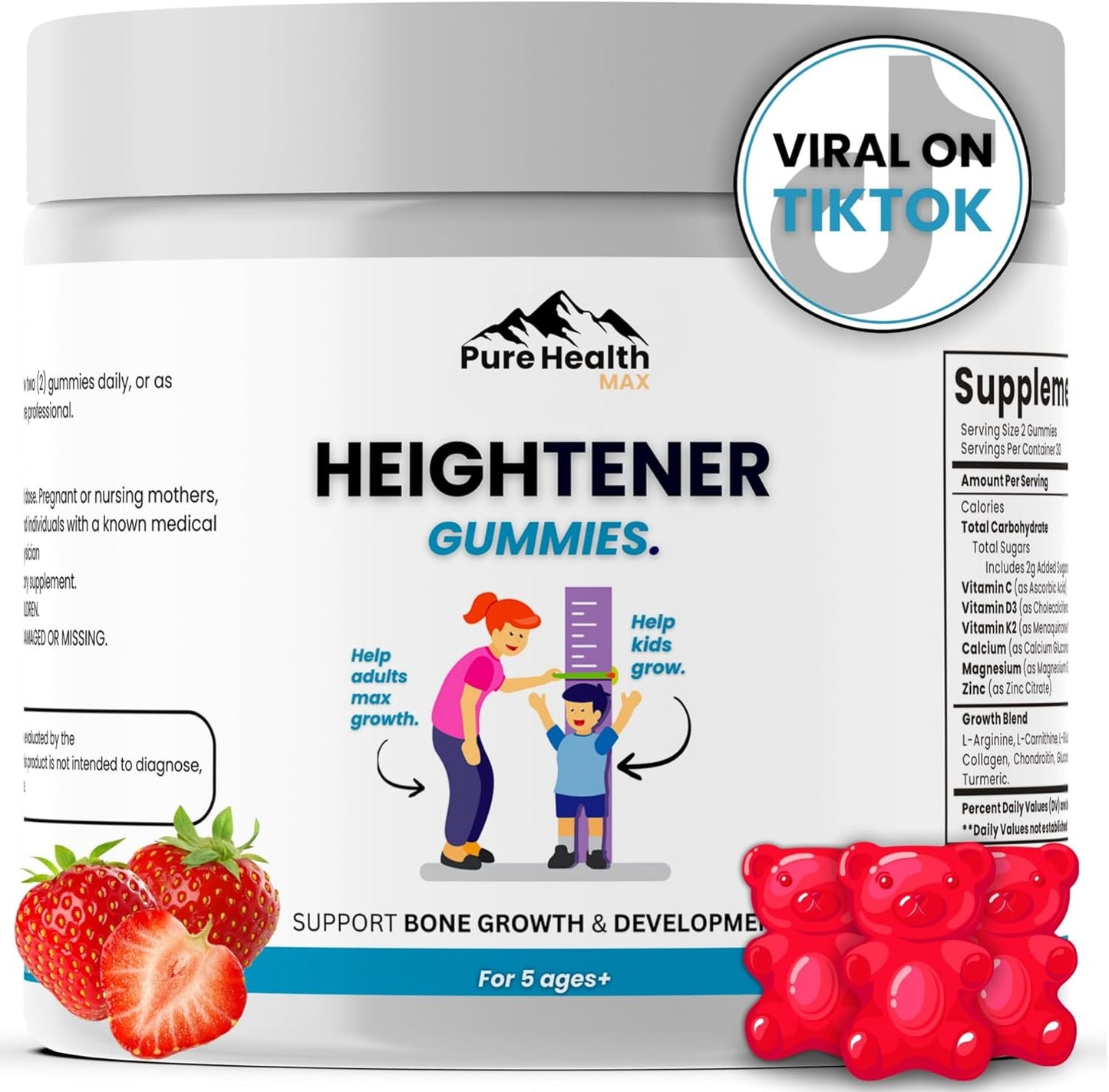 Natural Height Growth Gummies - Height Maximizer Supplement for Kids, Teens, Adults - Increase Bone Strength, Grow Taller - L-Arginine, Calcium, Zinc - 60 Gummy