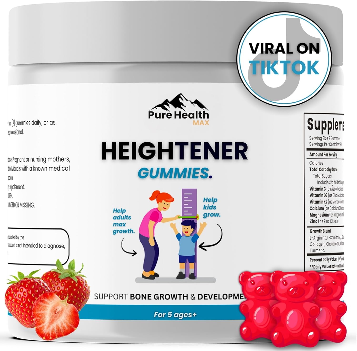 Natural Height Growth Gummies - Height Maximizer Supplement for Kids, Teens, Adults - Increase Bone Strength, Grow Taller - L-Arginine, Calcium, Zinc - 60 Gummy