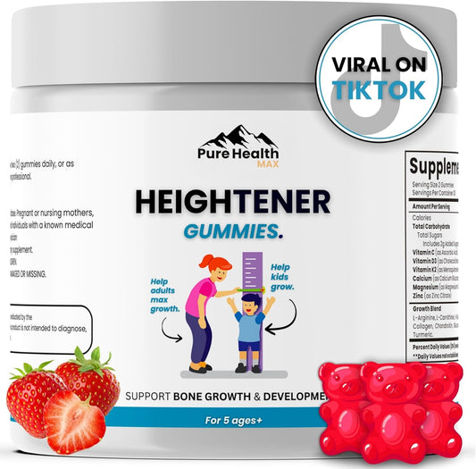 Natural Height Growth Gummies - Height Maximizer Supplement for Kids, Teens, Adults - Increase Bone Strength, Grow Taller - L-Arginine, Calcium, Zinc - 60 Gummy