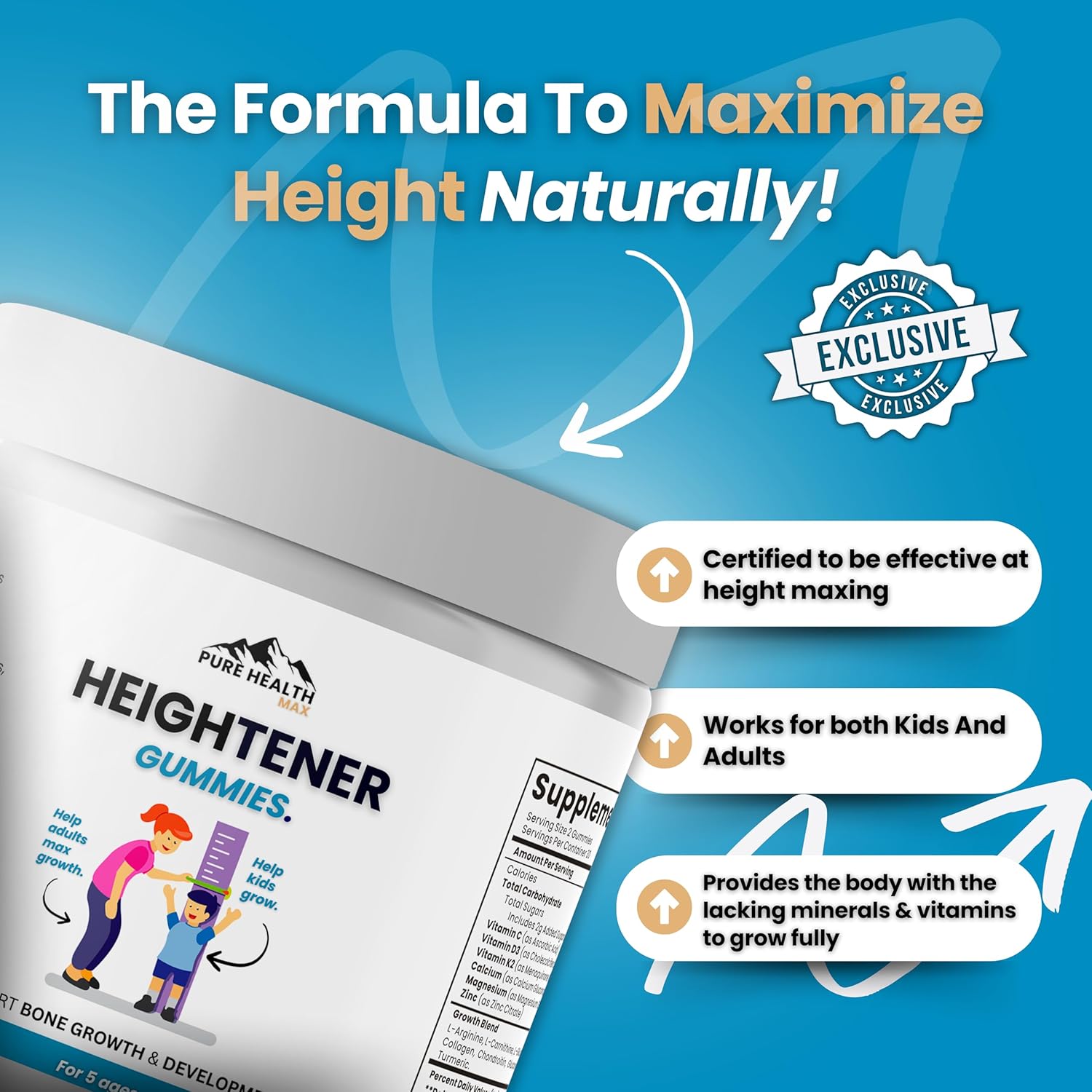 Natural Height Growth Gummies - Height Maximizer Supplement for Kids, Teens, Adults - Increase Bone Strength, Grow Taller - L-Arginine, Calcium, Zinc - 60 Gummy