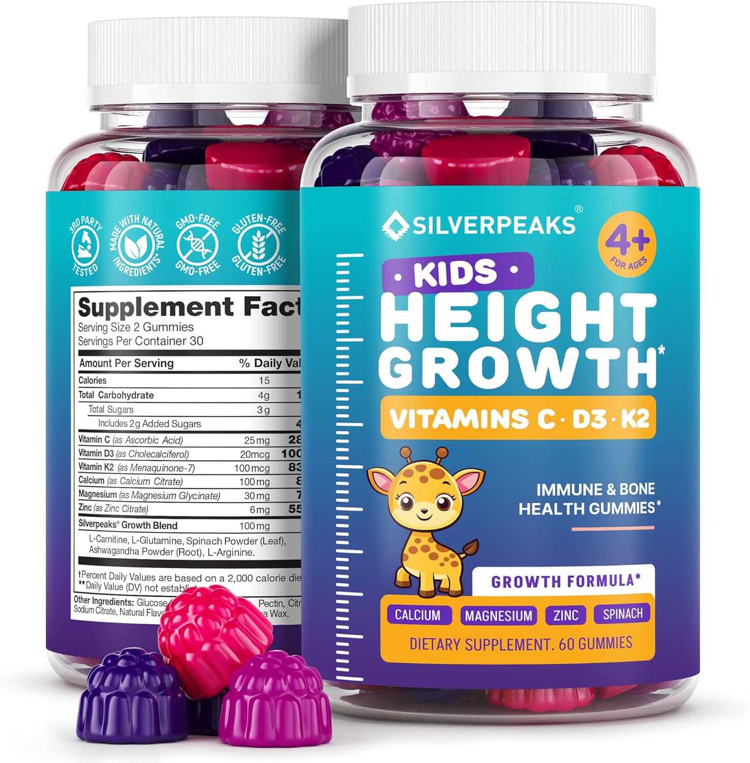 Natural Height Growth Gummies for Kids and Teens - 60 PCS - with Calcium, Vitamin D, C, K2, Magnesium & Zinc - Height Growth Supplement