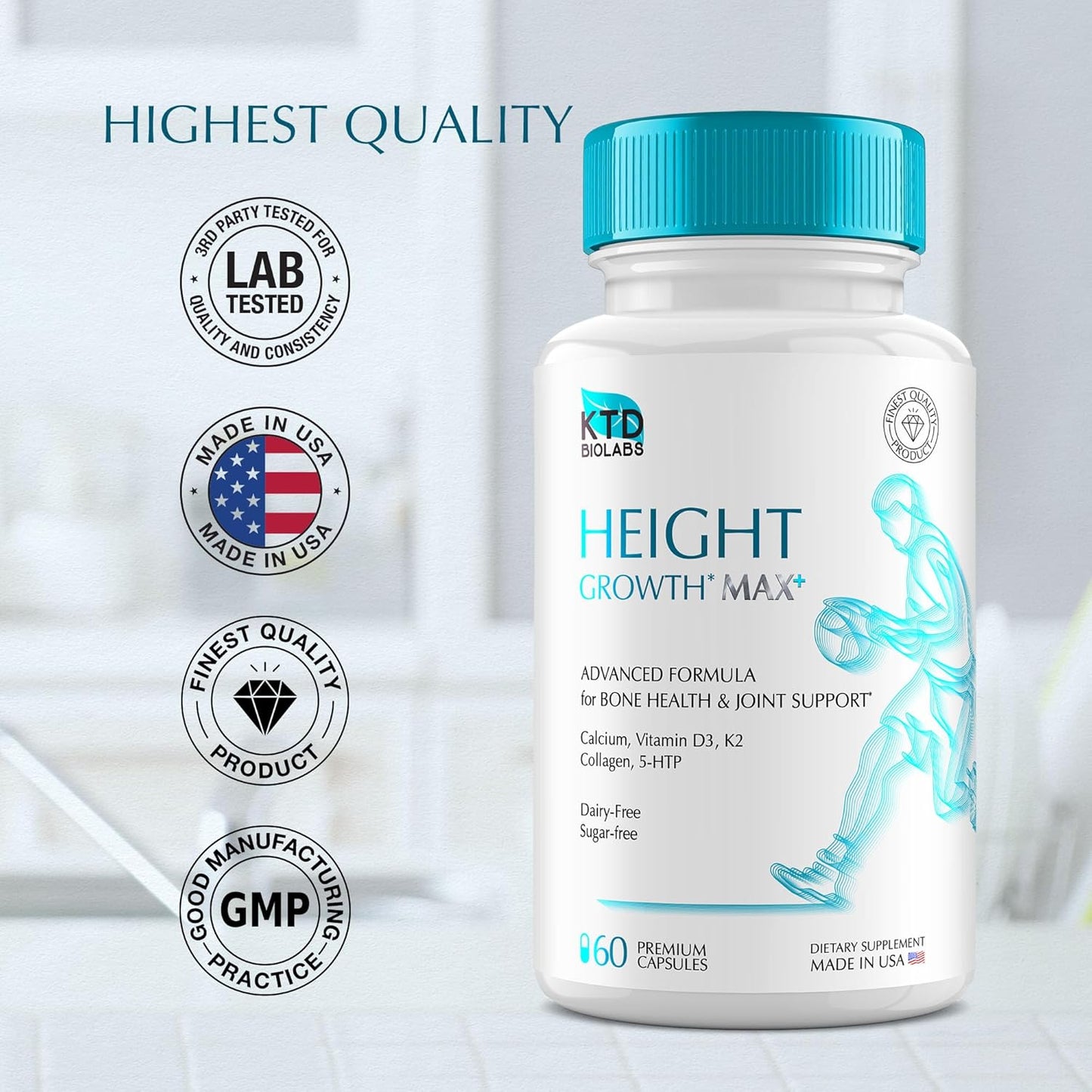 Natural Height Growth Supplement for Kids & Adults - Made in USA - Vitamins for Taller Boys & Girls - Multivitamin Capsules for Teen & Child Bone Growth - KTD BIOLABS Height Increase Booster