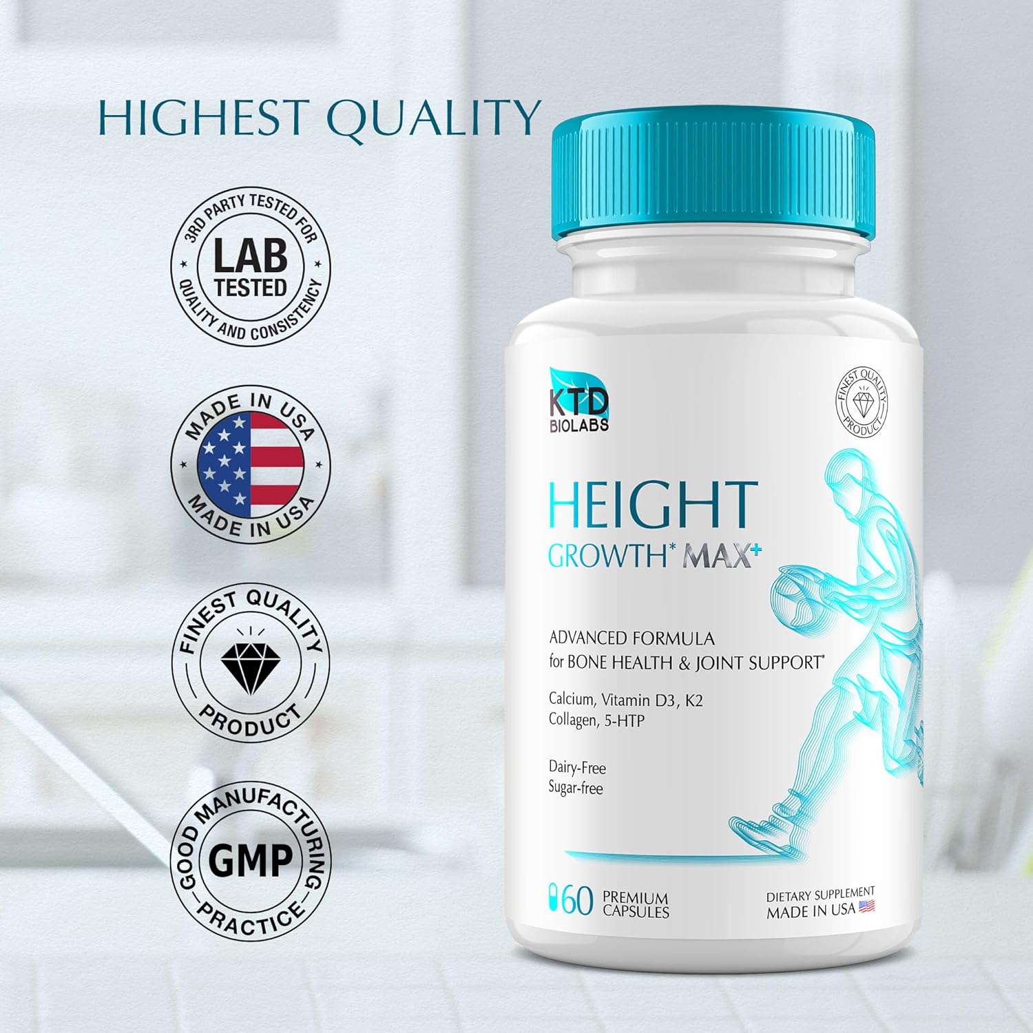 Natural Height Growth Supplement for Kids & Adults - Made in USA - Vitamins for Taller Boys & Girls - Multivitamin Capsules for Teen & Child Bone Growth - KTD BIOLABS Height Increase Booster