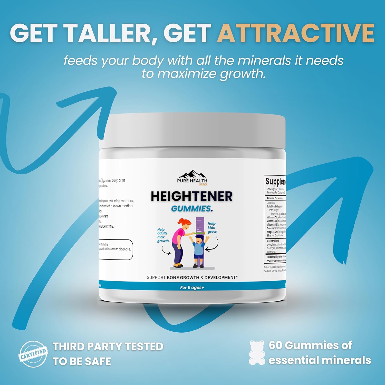 Natural Height Growth Supplement for Kids, Teens & Adults - Height Maximizer Capsules & Gummies with L-Arginine & Calcium for Bone Strength & Growth Taller