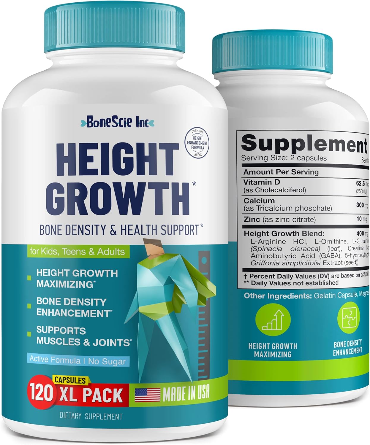 Natural Height Increase Supplement - Made in USA - Growth Maximizer Pills for Adults, Teens & Kids - Boost Bone Growth & Grow Taller - Vitamins for Height Gain - 120 Capsules