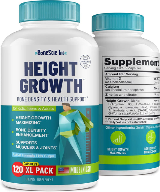 Natural Height Increase Supplement - Made in USA - Growth Maximizer Pills for Adults, Teens & Kids - Boost Bone Growth & Grow Taller - Vitamins for Height Gain - 120 Capsules