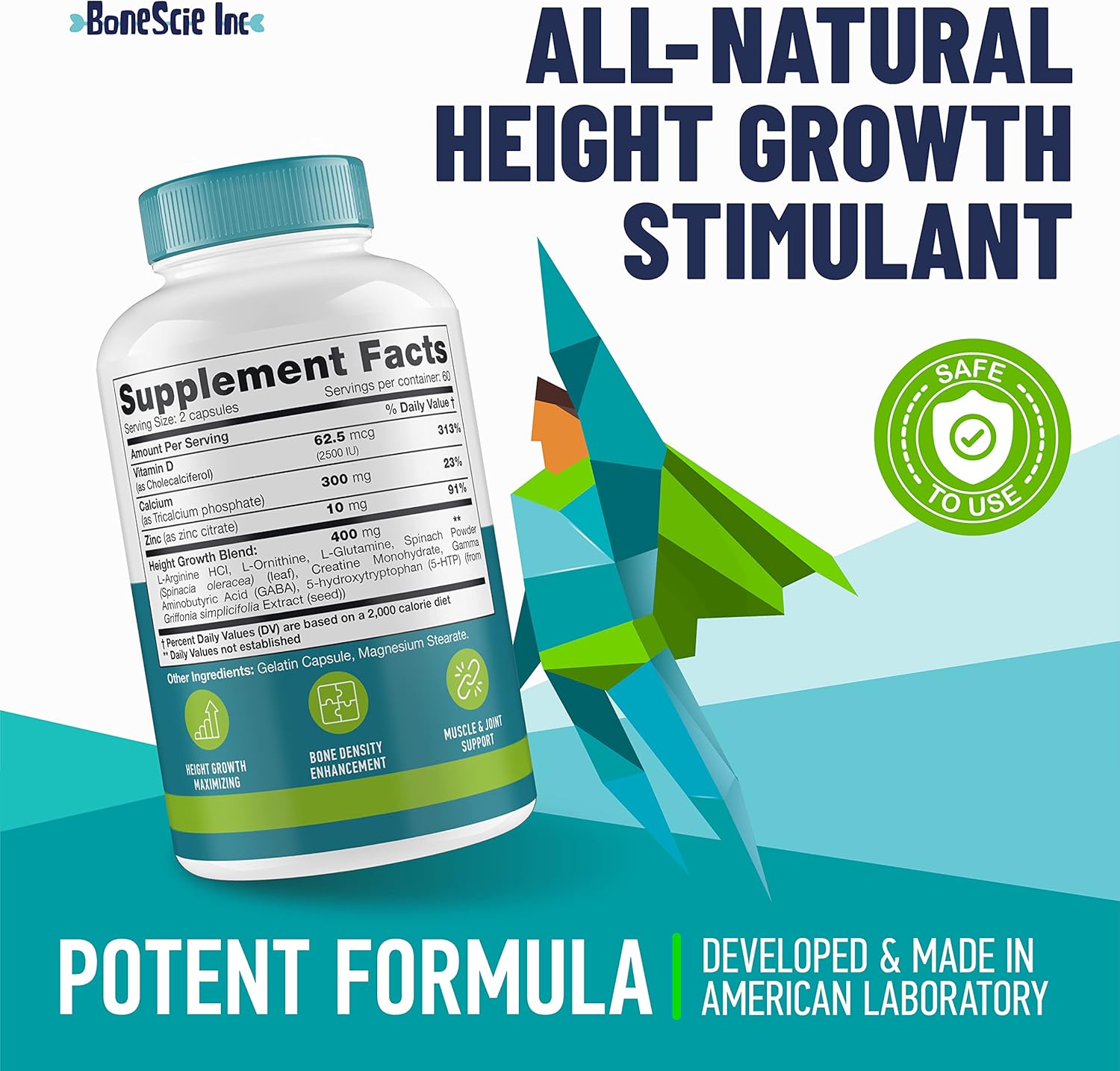 Natural Height Increase Supplement - Made in USA - Growth Maximizer Pills for Adults, Teens & Kids - Boost Bone Growth & Grow Taller - Vitamins for Height Gain - 120 Capsules