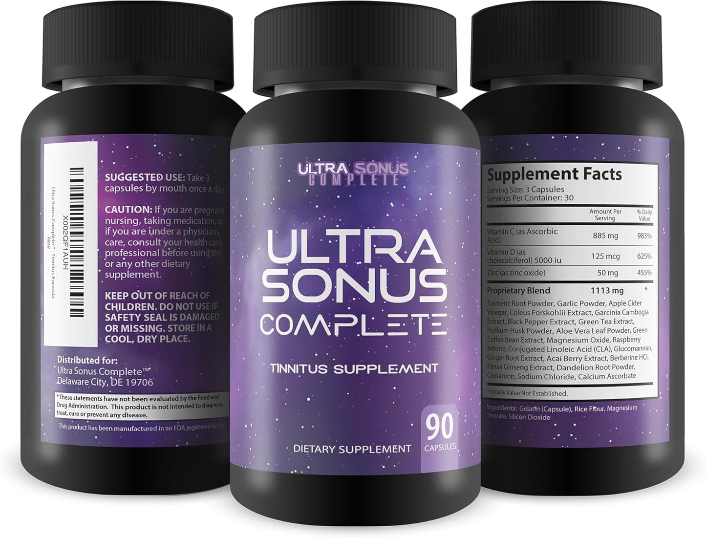 Natural Herbal Formula for Tinnitus Relief - Garlic, Turmeric, Vitamin C - Reduce Inflammation & Ear Ringing - 90 Capsules
