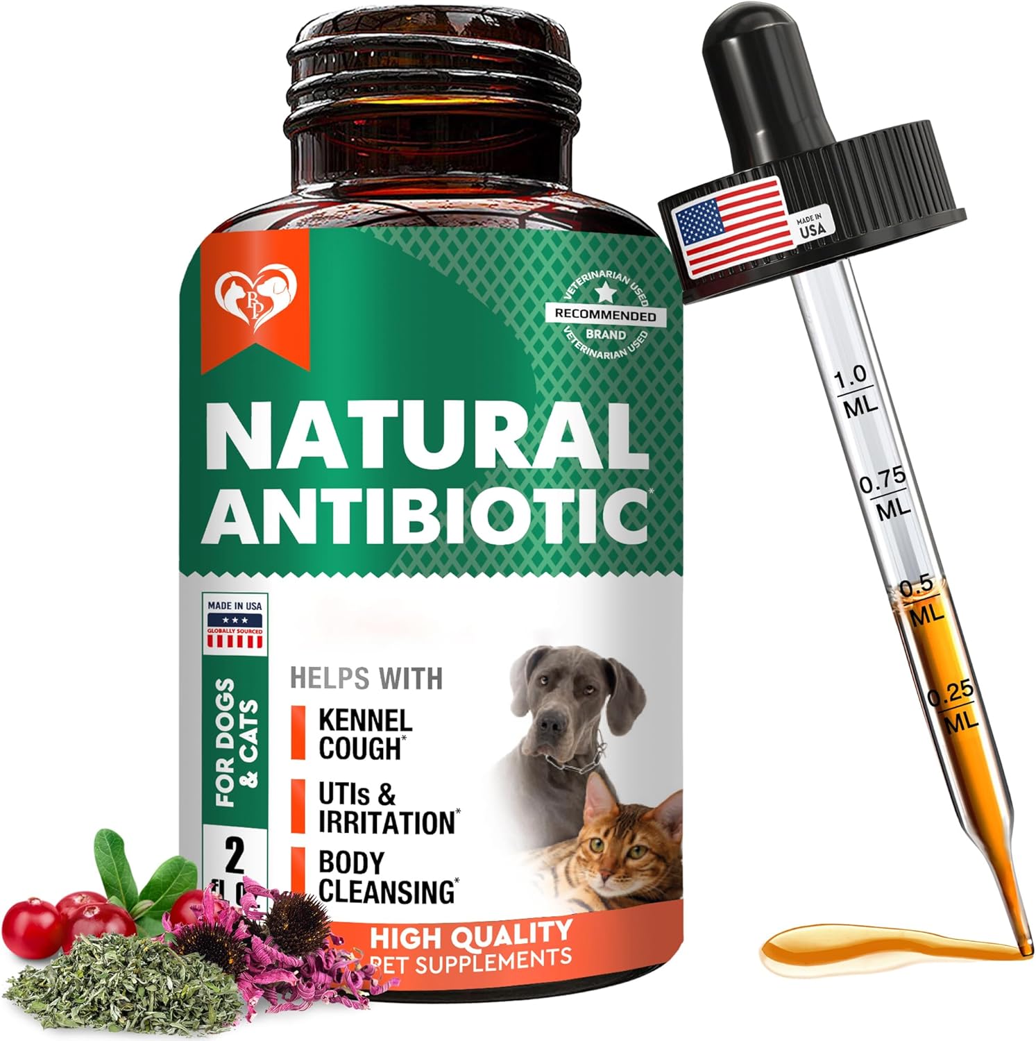 Natural Herbal Kennel Cough & UTI Relief for Cats & Dogs - Cranberry Support Supplement for Urinary Tract & Cold - Made in USA