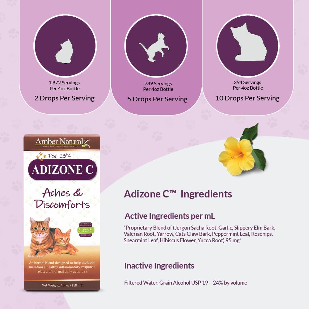Natural Herbal Supplement for Cats - Adizone C | Relieves Soreness, Stiffness, Aches | 4 oz Bottle | Made in USA