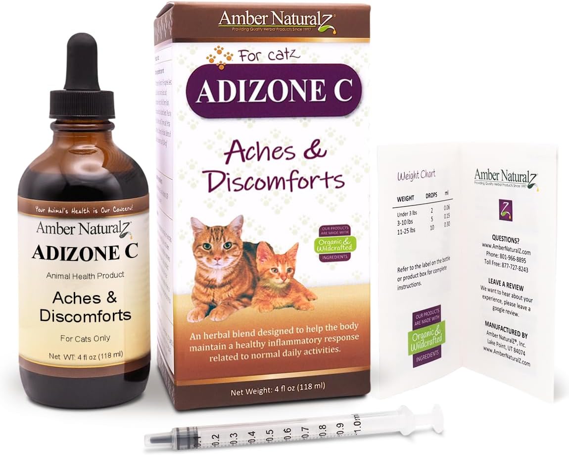 Natural Herbal Supplement for Cats - Adizone C | Relieves Soreness, Stiffness, Aches | 4 oz Bottle | Made in USA