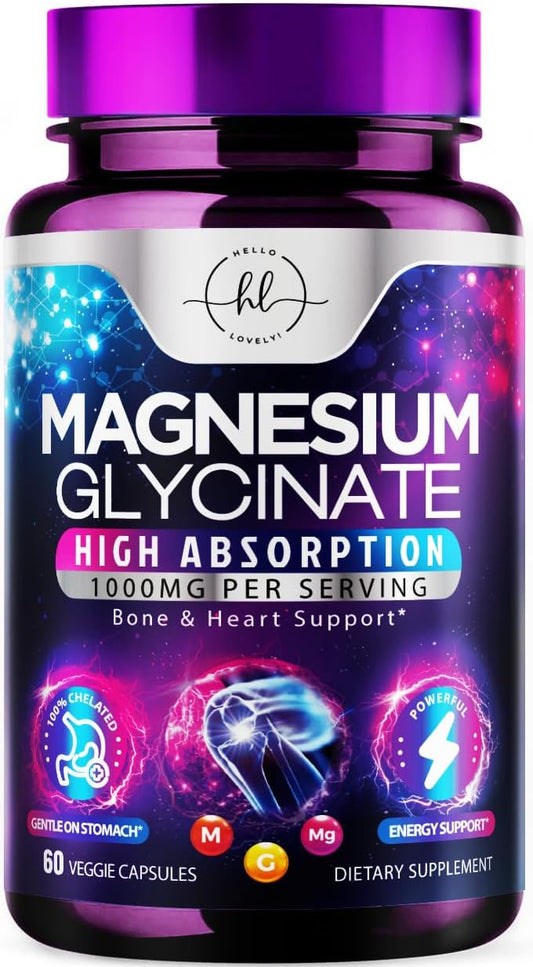 Natural High Absorption Magnesium Glycinate Supplement - 140mg, Vegan Capsules for Muscle, Nerve, Bone & Heart Health - Men & Women - 60ct