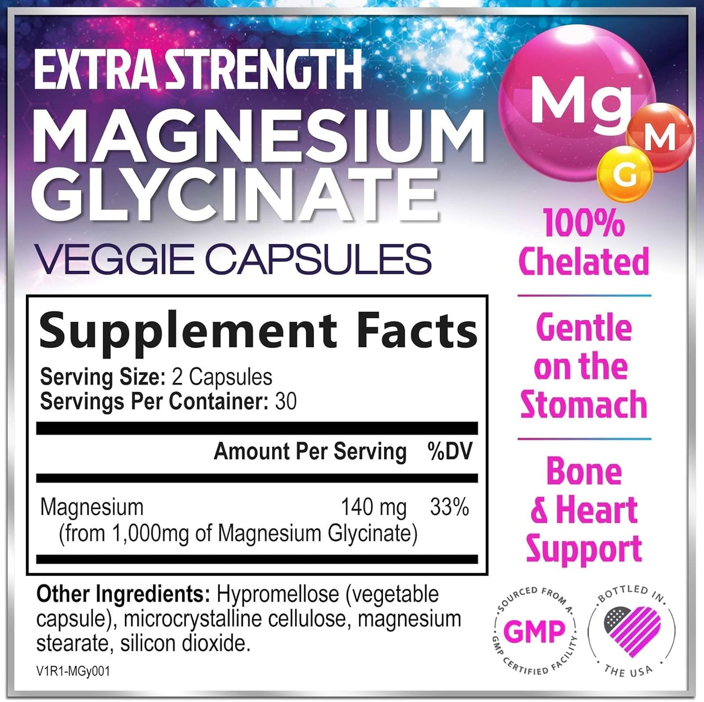 Natural High Absorption Magnesium Glycinate Supplement - 140mg, Vegan Capsules for Muscle, Nerve, Bone & Heart Health - Men & Women - 60ct