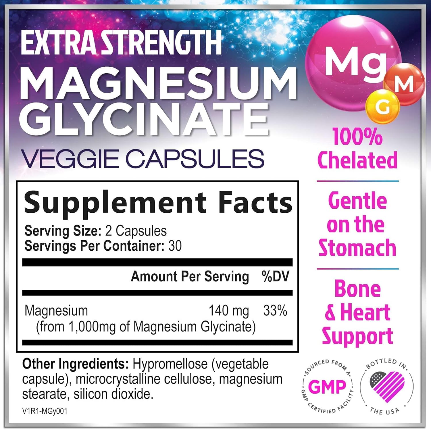 Natural High Absorption Magnesium Glycinate Supplement - 140mg, Vegan Capsules for Muscle, Nerve, Bone & Heart Health - Men & Women - 60ct