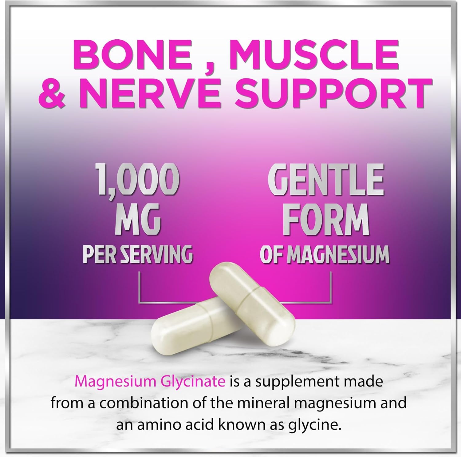 Natural High Absorption Magnesium Glycinate Supplement - 140mg, Vegan Capsules for Muscle, Nerve, Bone & Heart Health - Men & Women - 60ct