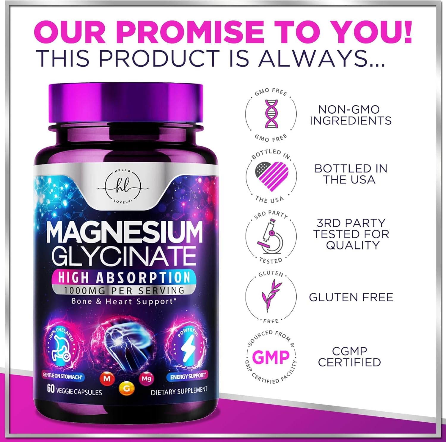 Natural High Absorption Magnesium Glycinate Supplement - 140mg, Vegan Capsules for Muscle, Nerve, Bone & Heart Health - Men & Women - 60ct