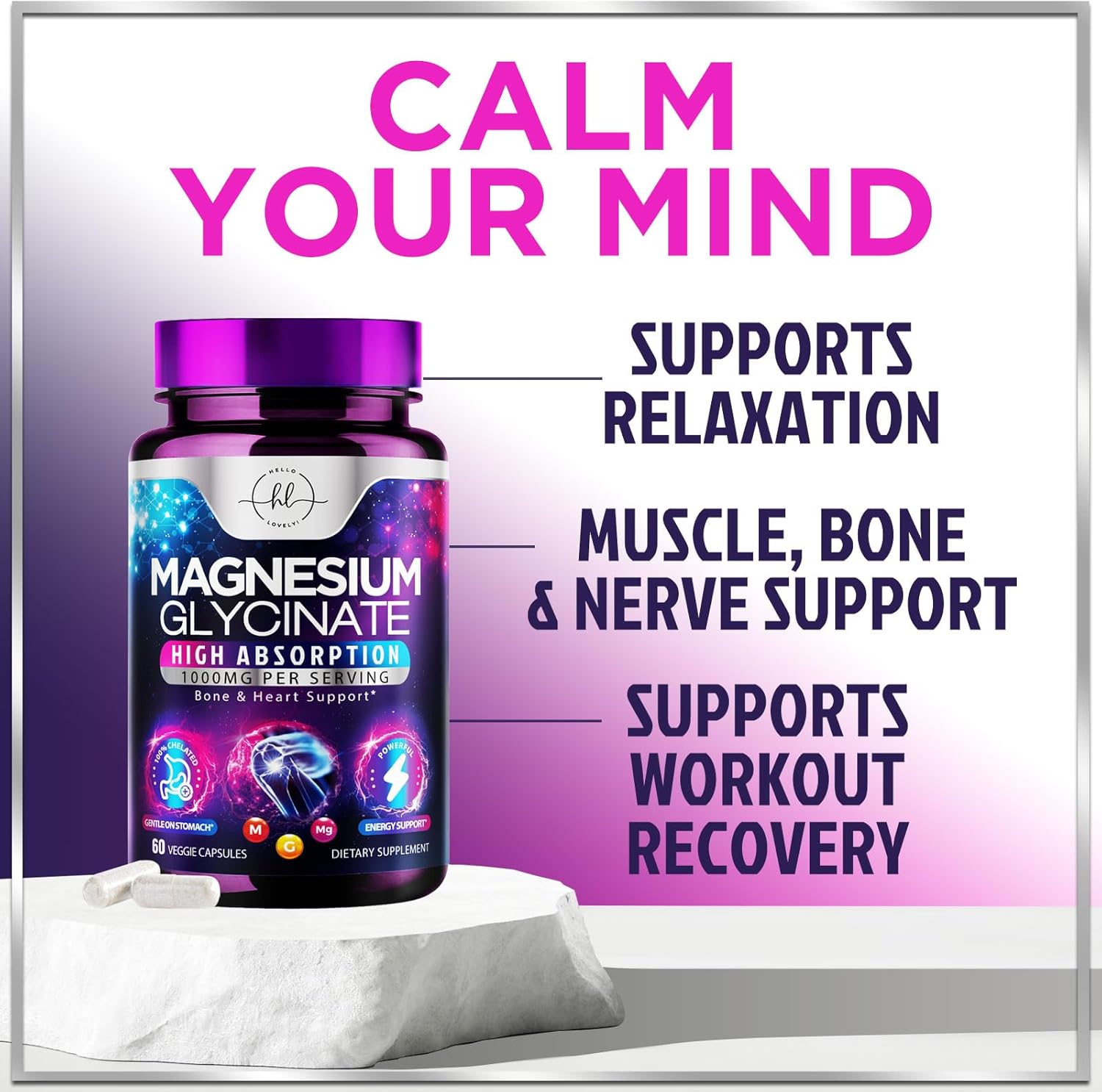 Natural High Absorption Magnesium Glycinate Supplement - 140mg, Vegan Capsules for Muscle, Nerve, Bone & Heart Health - Men & Women - 60ct
