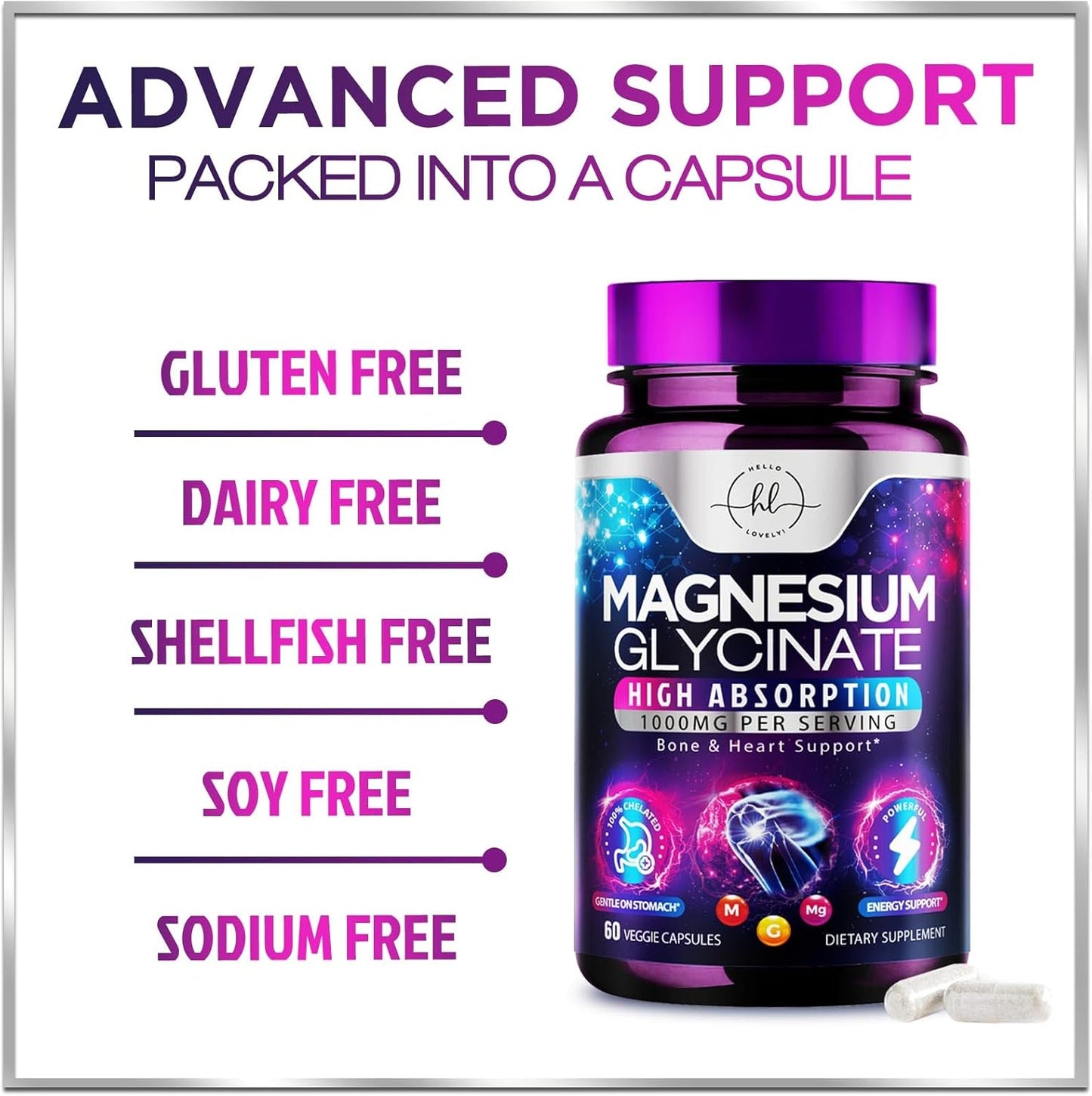 Natural High Absorption Magnesium Glycinate Supplement - 140mg, Vegan Capsules for Muscle, Nerve, Bone & Heart Health - Men & Women - 60ct