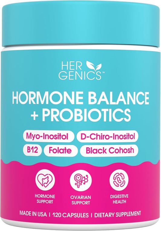 Natural Hormone Balance for Women - PCOS Supplements with Probiotics, Myo-Inositol, D-Chiro Inositol, Black Cohosh, Folate, B12 - Female Vitamins 120 Capsules