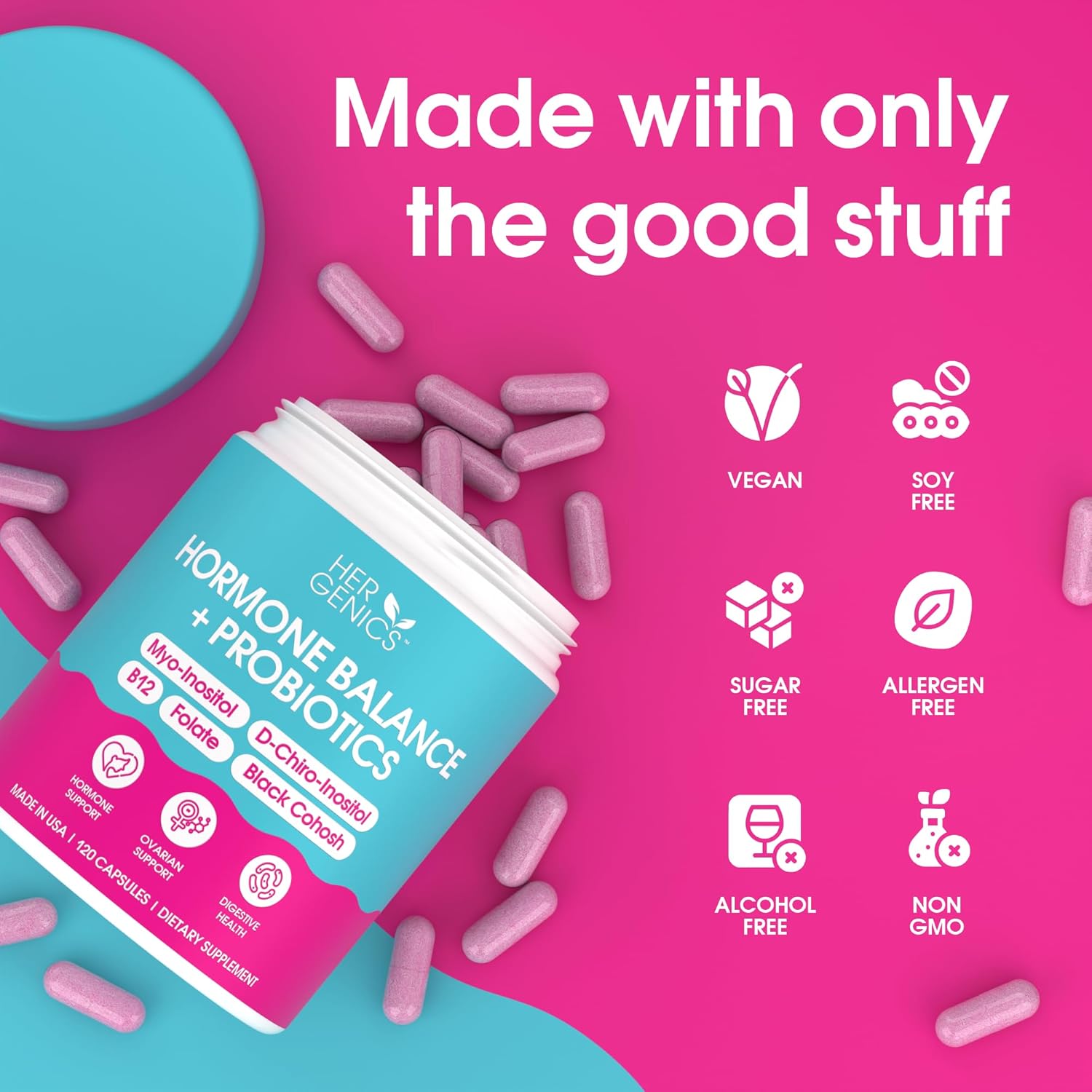 Natural Hormone Balance for Women - PCOS Supplements with Probiotics, Myo-Inositol, D-Chiro Inositol, Black Cohosh, Folate, B12 - Female Vitamins 120 Capsules