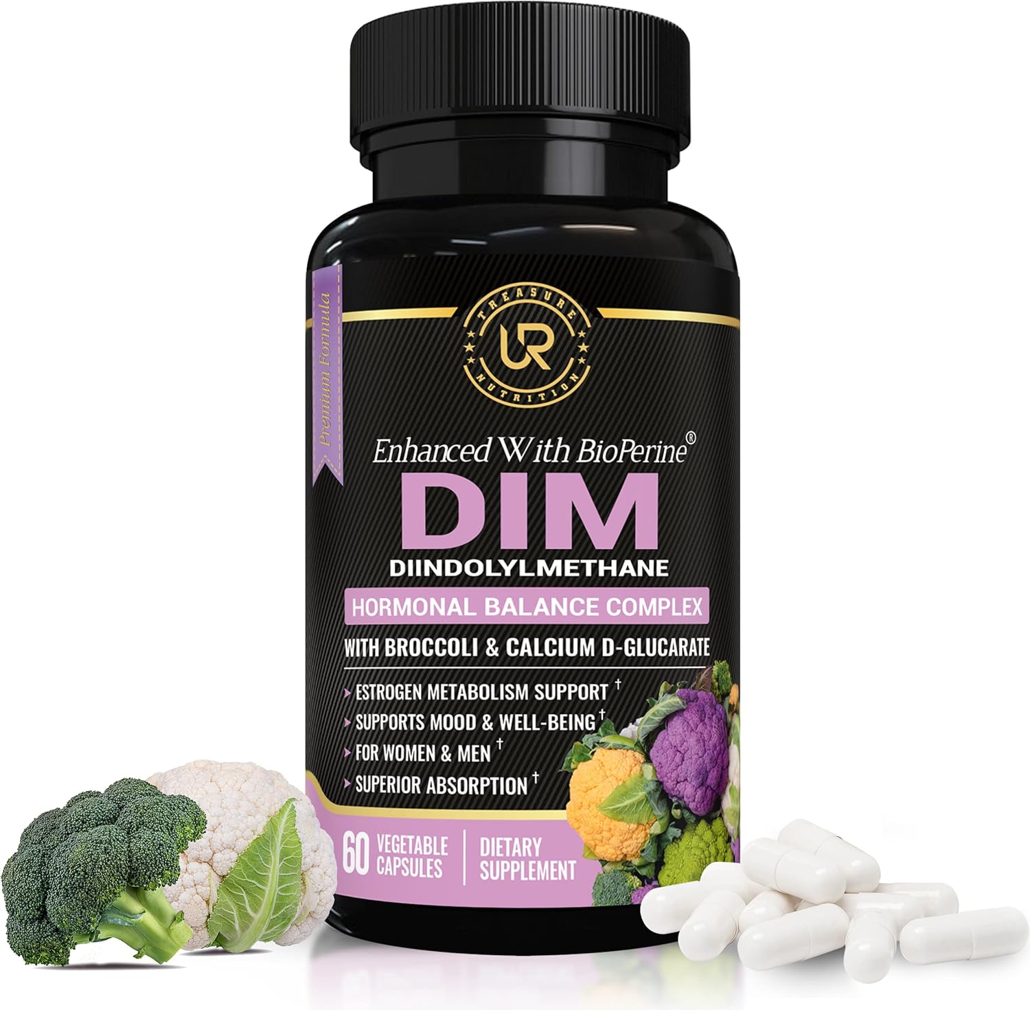 Natural Hormone Balance Support Supplement with Broccoli Extract and BioPerine - Menopause Relief for Women and Men - Estrogen Balance, Acne Control - 60 Vegetarian Capsules with Calcium D-Glucarate