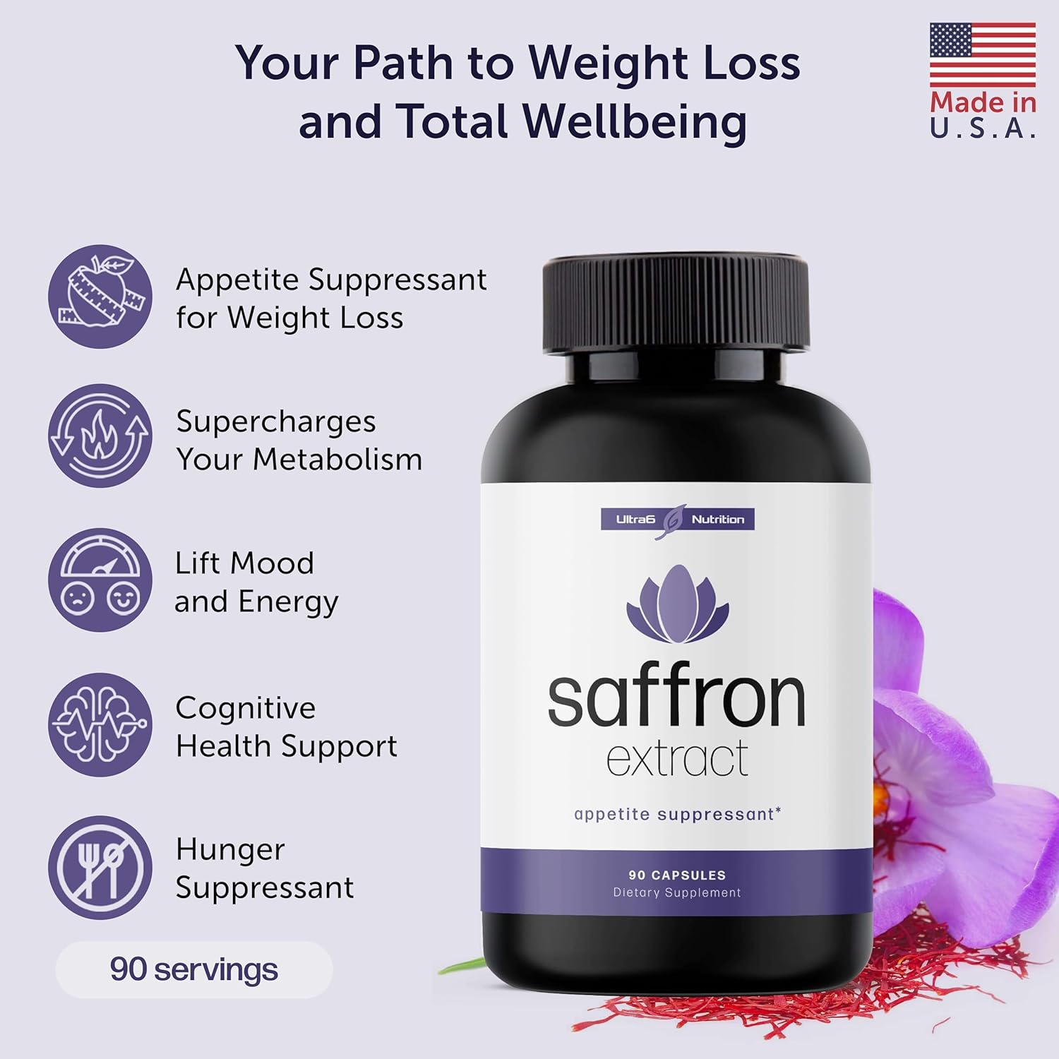 Natural Hunger Control: Saffron Extract Capsules for Weight Loss - Appetite Suppressant for Men & Women - Energy & Mood Boost - 90 Caps - USA Made
