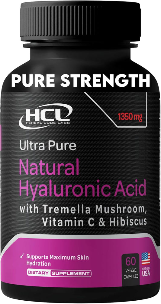 Natural Hyaluronic Acid Supplement with Tremella Mushroom, Vitamin C, and Hibiscus - Skin & Hair Hydration Pills - Anti Wrinkle Capsules