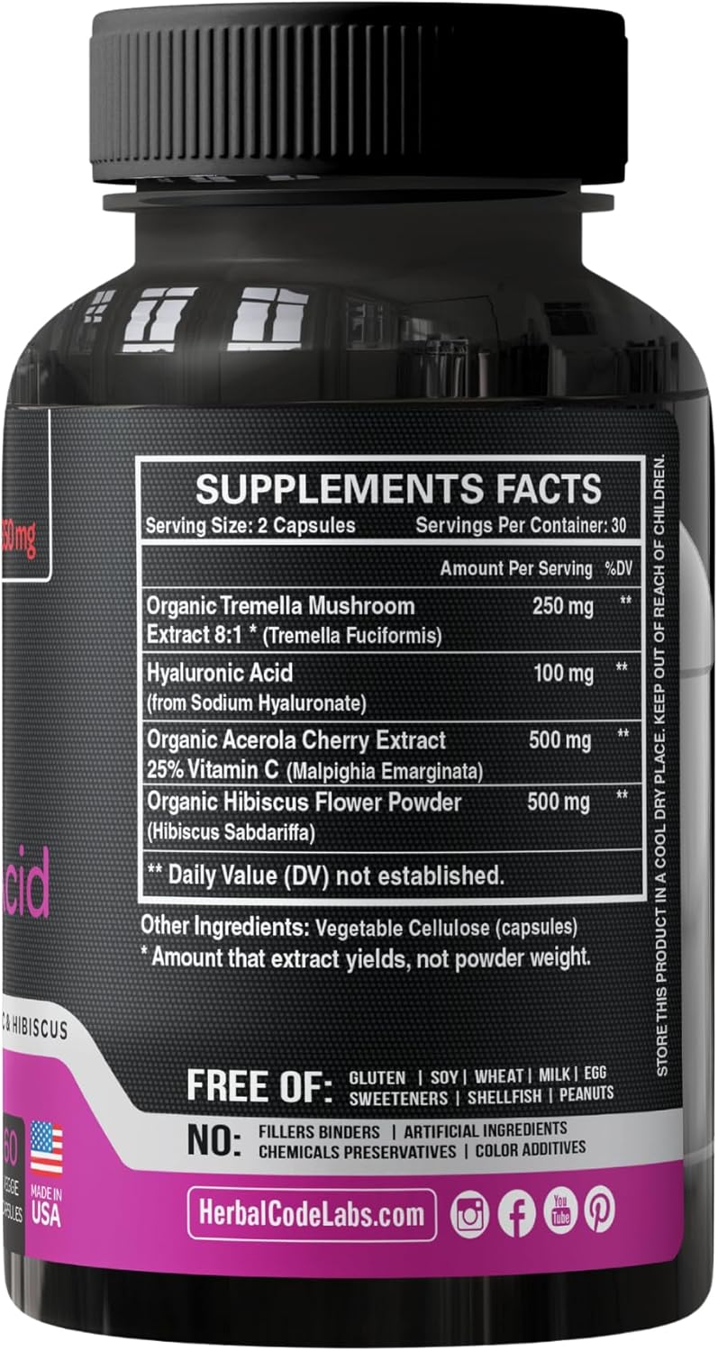Natural Hyaluronic Acid Supplement with Tremella Mushroom, Vitamin C, and Hibiscus - Skin & Hair Hydration Pills - Anti Wrinkle Capsules