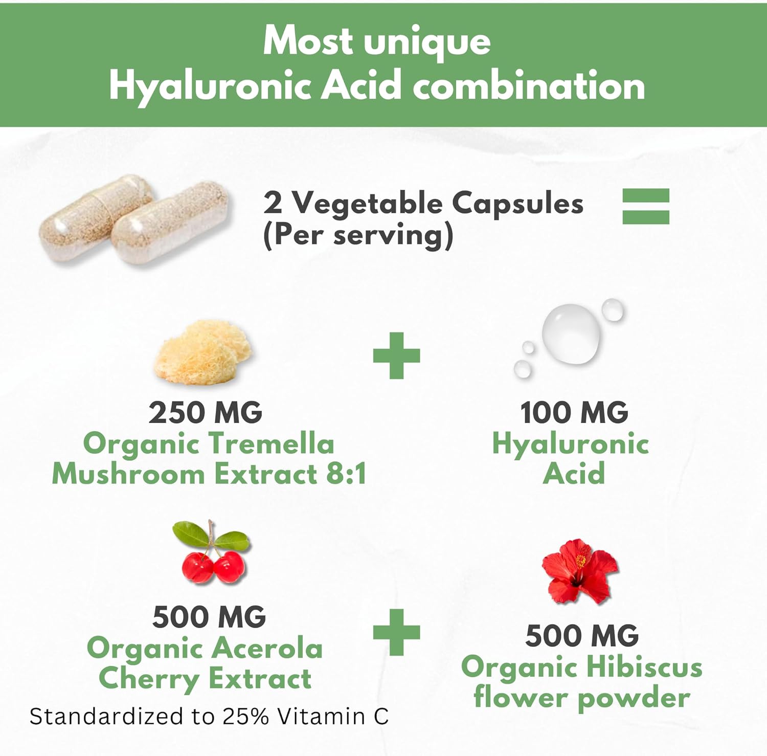 Natural Hyaluronic Acid Supplement with Tremella Mushroom, Vitamin C, and Hibiscus - Skin & Hair Hydration Pills - Anti Wrinkle Capsules