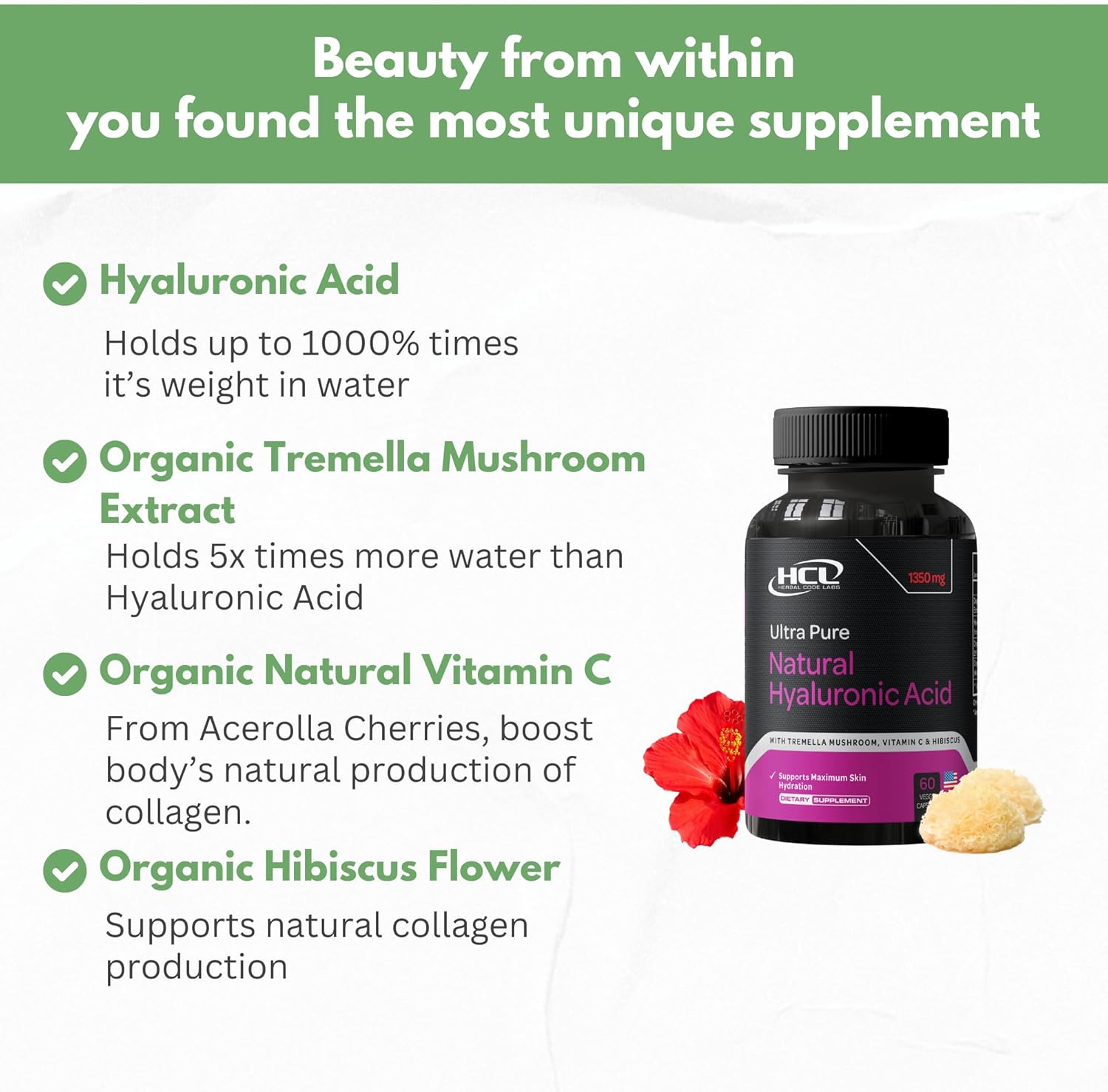 Natural Hyaluronic Acid Supplement with Tremella Mushroom, Vitamin C, and Hibiscus - Skin & Hair Hydration Pills - Anti Wrinkle Capsules