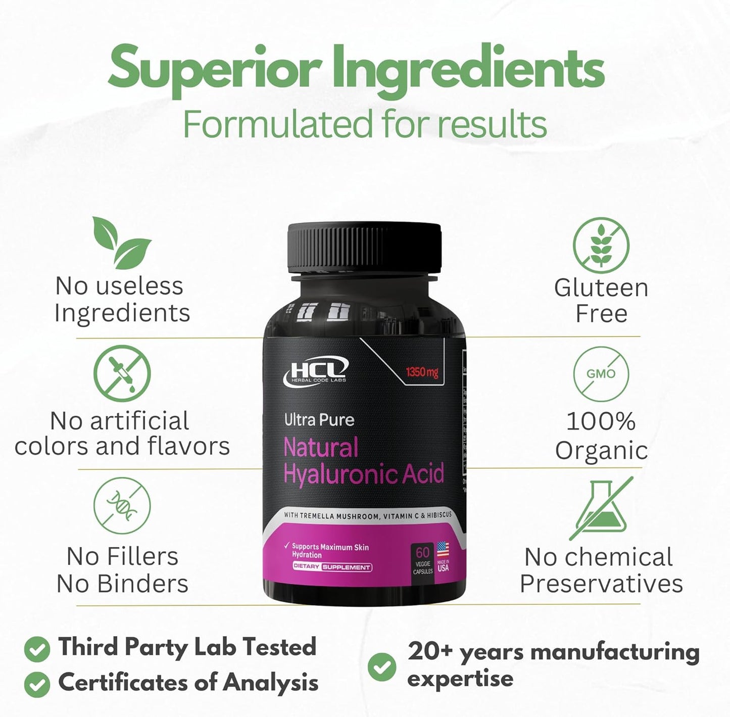 Natural Hyaluronic Acid Supplement with Tremella Mushroom, Vitamin C, and Hibiscus - Skin & Hair Hydration Pills - Anti Wrinkle Capsules