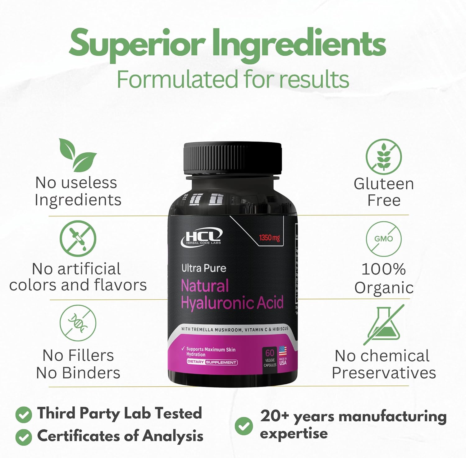 Natural Hyaluronic Acid Supplement with Tremella Mushroom, Vitamin C, and Hibiscus - Skin & Hair Hydration Pills - Anti Wrinkle Capsules