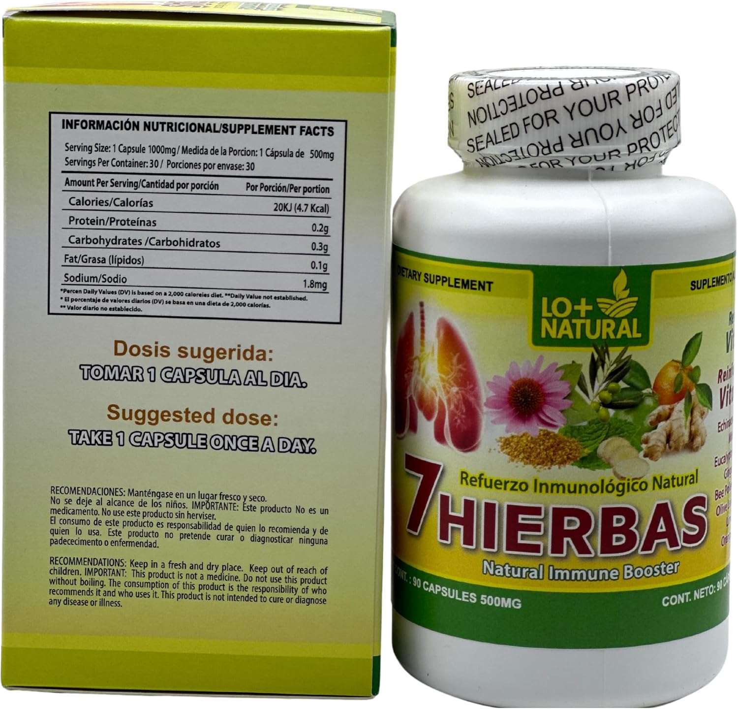 Natural Immune Booster Capsules with Echinacea and Vitamin C - 90 Capsules, 500 mg