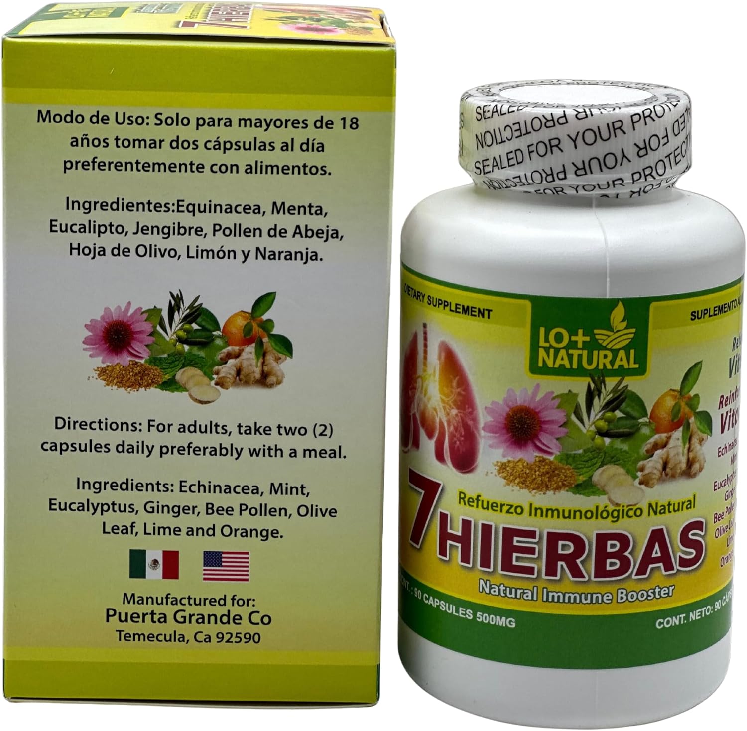 Natural Immune Booster Capsules with Echinacea and Vitamin C - 90 Capsules, 500 mg