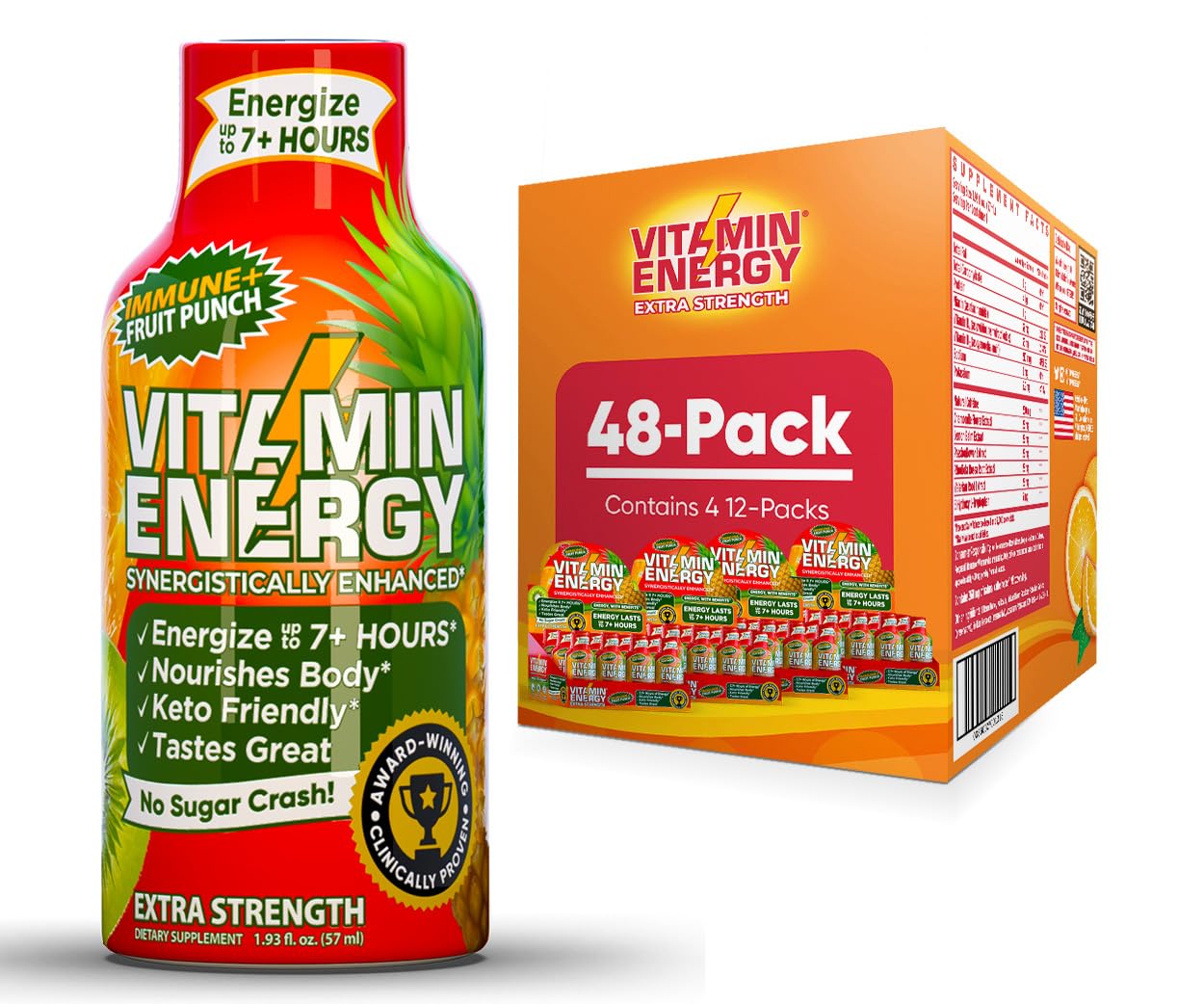 Natural Immunity Boost Energy Drink Shots | Vitamin Energy Extra Strength Formula | Sugar & Carb-Free | Energize & Support Immune System | Fruit Punch - 1.93 fl oz - Pack of 48
