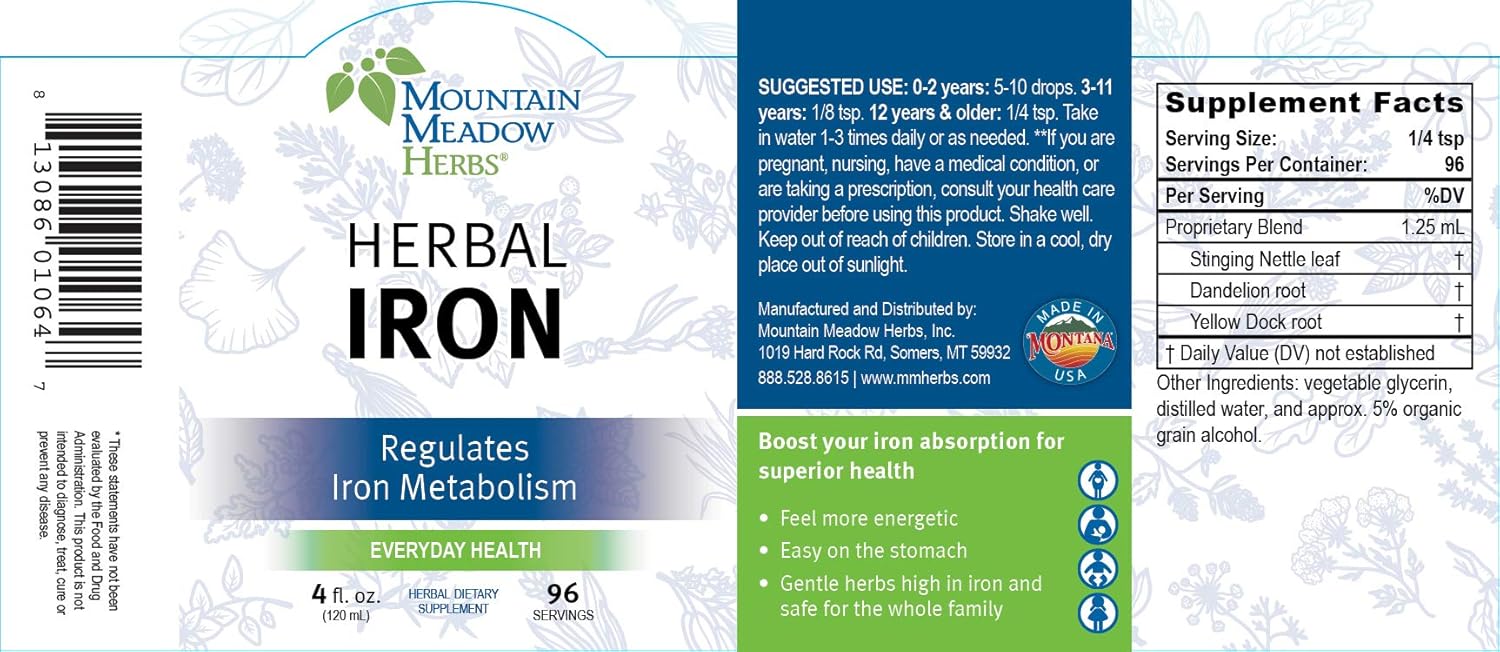 Natural Iron Supplement - Mountain Meadow Herbs Herbal Iron 2 oz - Supports Iron Metabolism & Absorption with Gentle Herbs