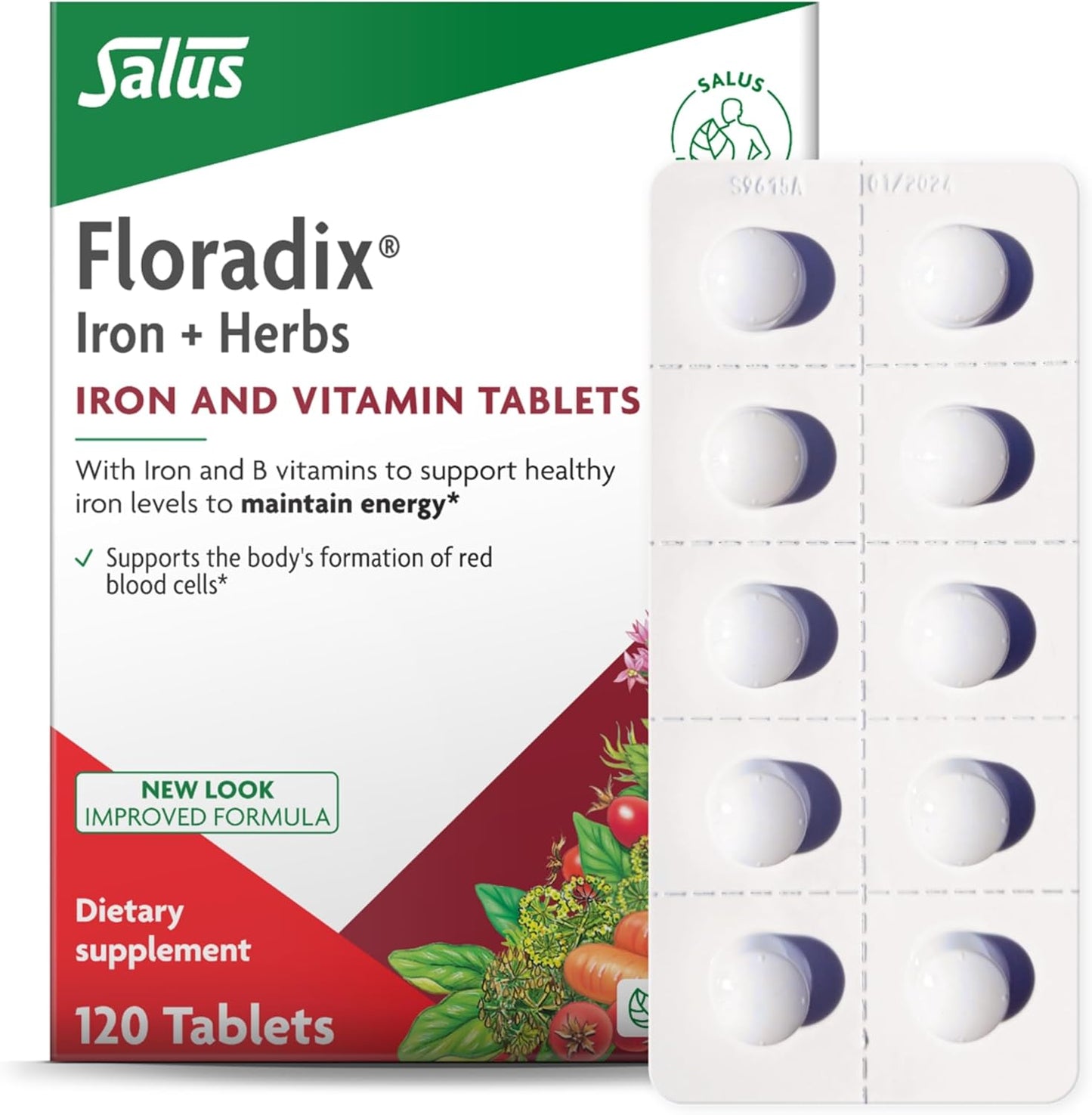 Natural Iron Supplement with B Vitamins & Vitamin C for Energy Support - Vegetarian Iron Tablets by Salus - 120 Tablets