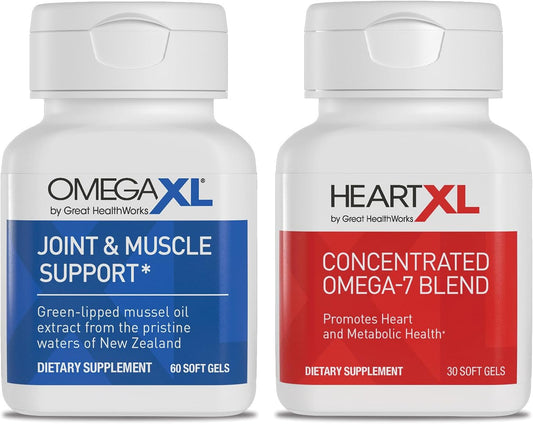 Natural Joint and Muscle Support Supplement with Green Lipped Mussel Oil - Soft Gel Pills, Drug-Free, 60 Count + HeartXL 30 Count, High Potency Omega-7 Blend