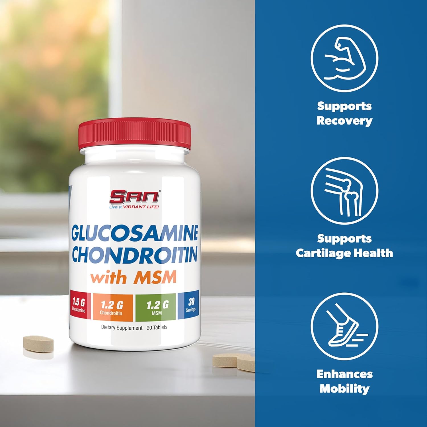 Natural Joint Support Complex - SAN Nutrition Glucosamine Chondroitin with MSM Formula for Healthy Joints. 30 Servings