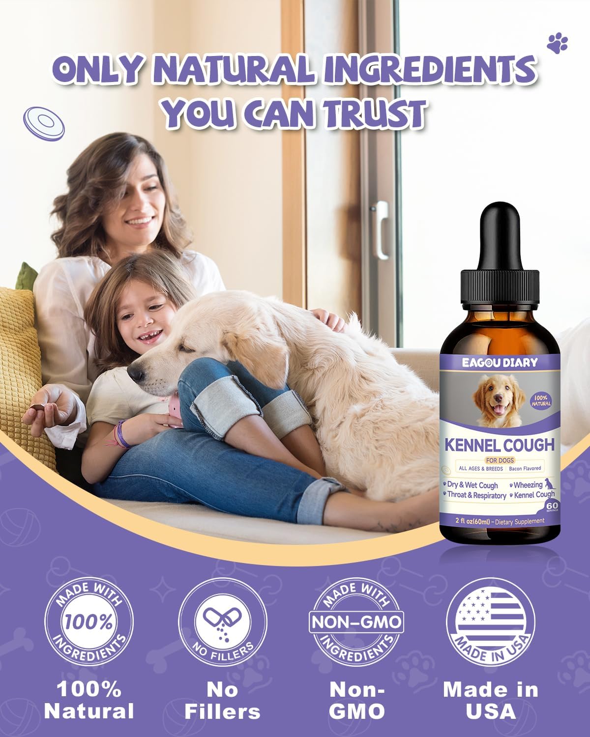 Natural Kennel Cough Drops for Dogs with Herbal Ingredients, Vitamins, and Lysine - Liquid Supplement for Canine Respiratory Relief - 2 Fl Oz
