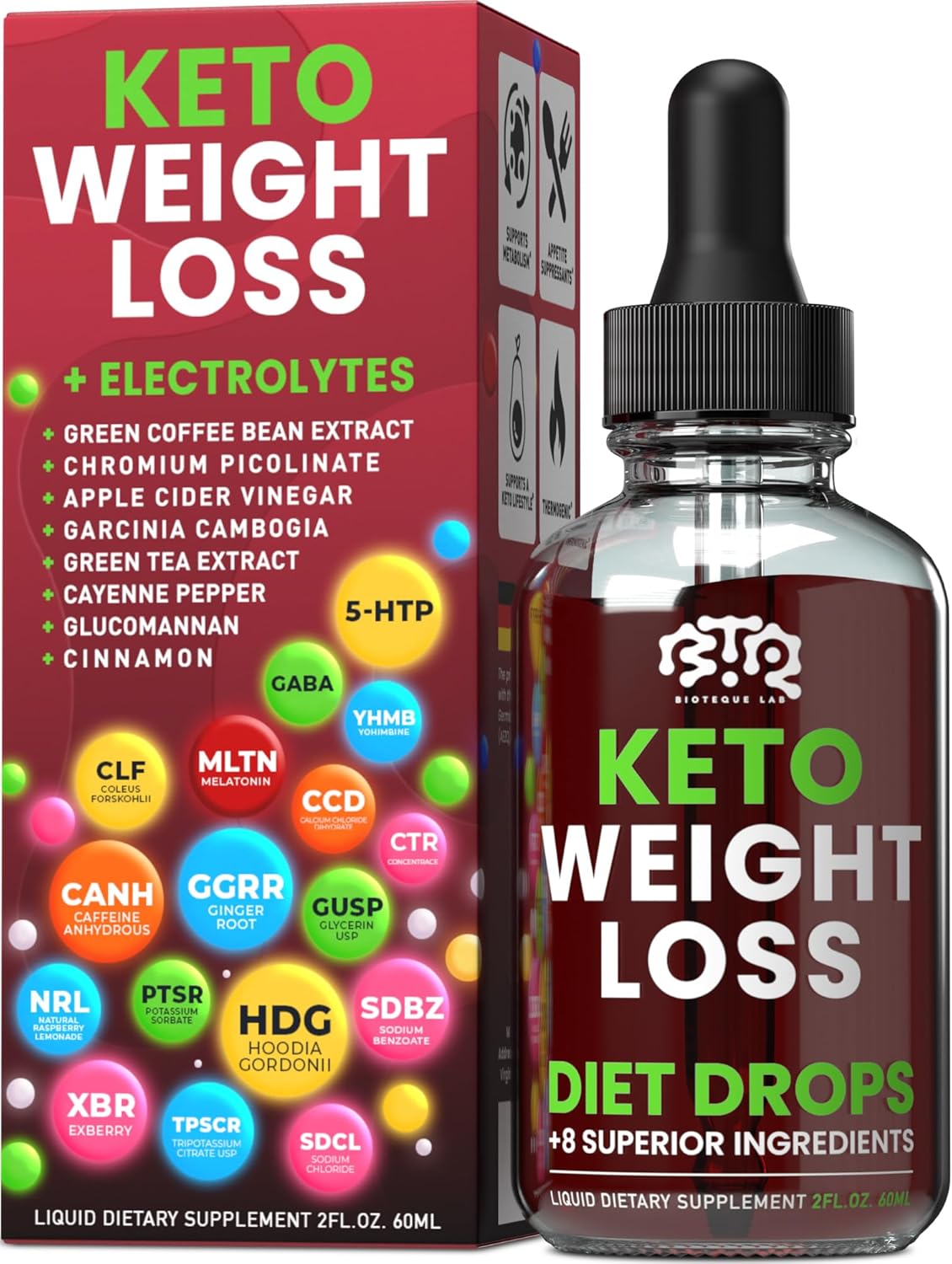 Natural Keto Weight Loss Diet Drops with Apple Cider, Green Coffee Bean, Cinnamon, Cayenne Pepper - Appetite Suppressant and Metabolism Booster for Men and Women by BIOTEQUELAB