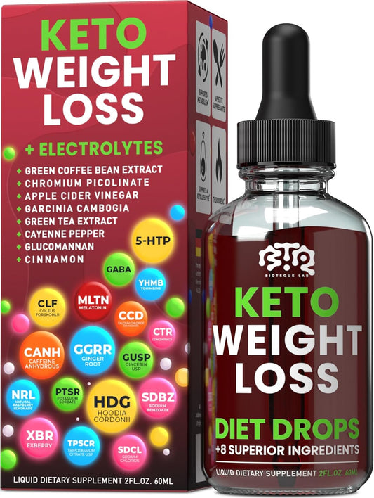 Natural Keto Weight Loss Diet Drops with Apple Cider, Green Coffee Bean, Cinnamon, Cayenne Pepper - Appetite Suppressant and Metabolism Booster for Men and Women by BIOTEQUELAB