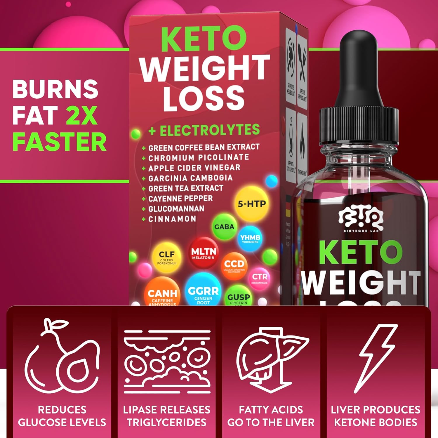 Natural Keto Weight Loss Diet Drops with Apple Cider, Green Coffee Bean, Cinnamon, Cayenne Pepper - Appetite Suppressant and Metabolism Booster for Men and Women by BIOTEQUELAB