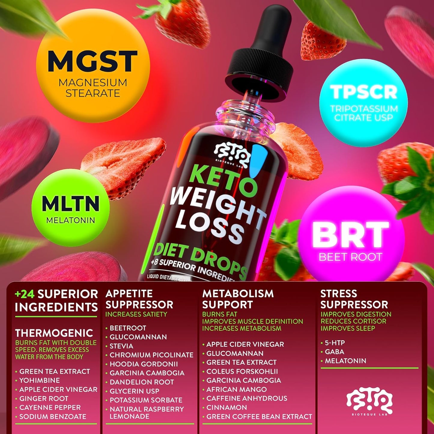Natural Keto Weight Loss Diet Drops with Apple Cider, Green Coffee Bean, Cinnamon, Cayenne Pepper - Appetite Suppressant and Metabolism Booster for Men and Women by BIOTEQUELAB