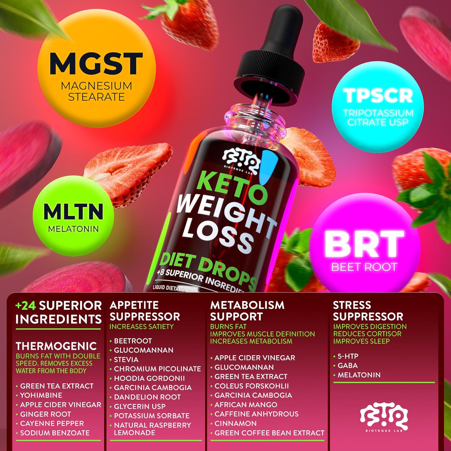Natural Keto Weight Loss Diet Drops with Apple Cider, Green Coffee Bean, Cinnamon, Cayenne Pepper - Appetite Suppressant and Metabolism Booster for Men and Women by BIOTEQUELAB
