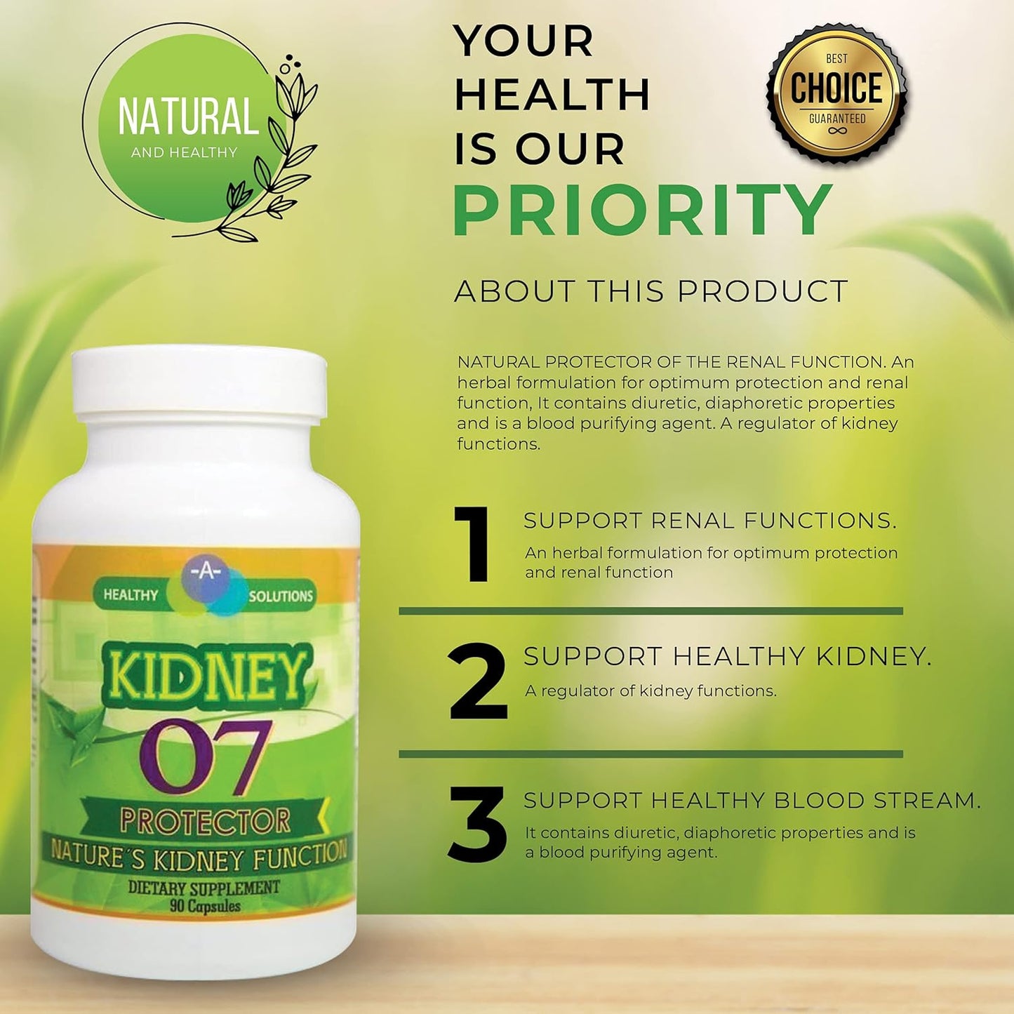 Natural Kidney Protector Capsules - Supports Renal Function, Diuretic & Diaphoretic Formula - Blood Purifying Supplement - 90 Count