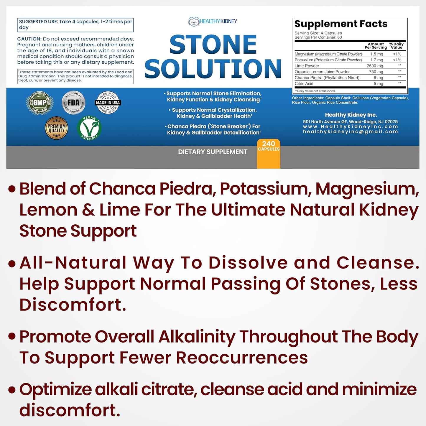 Natural Kidney Stone Solution Capsules - Stone Dissolver & Cleanser with Chanca Piedra for Gallbladder Support - 60 Servings