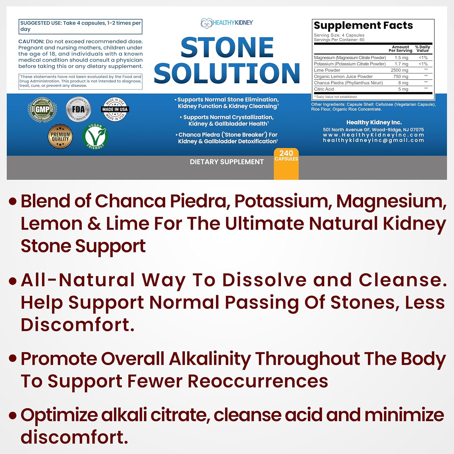 Natural Kidney Stone Solution Capsules - Stone Dissolver & Cleanser with Chanca Piedra for Gallbladder Support - 60 Servings
