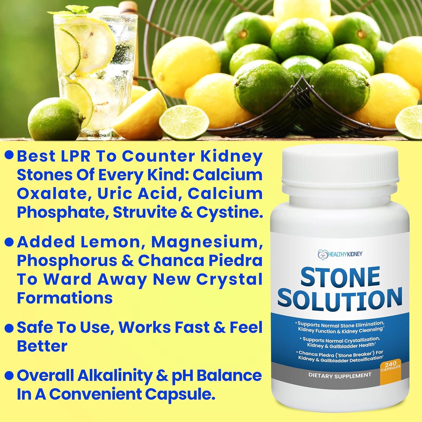 Natural Kidney Stone Solution Capsules - Stone Dissolver & Cleanser with Chanca Piedra for Gallbladder Support - 60 Servings
