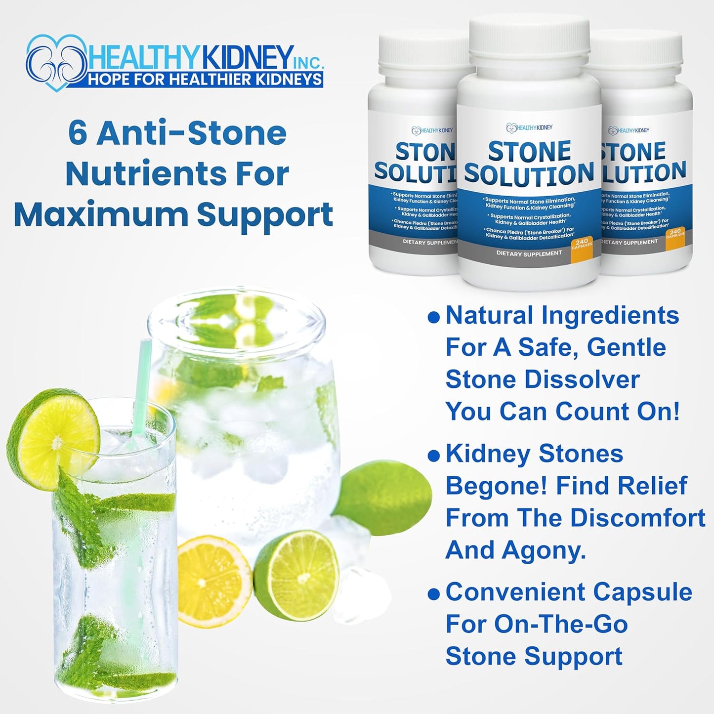 Natural Kidney Stone Solution Capsules - Stone Dissolver & Cleanser with Chanca Piedra for Gallbladder Support - 60 Servings